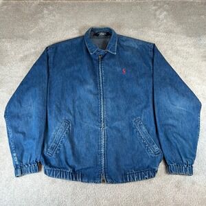 VTG Polo Ralph Lauren Denim Harrington Jacket Mens M Blue Zip Bomber Pony Logo
